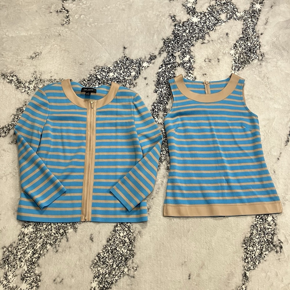 St John Knit Set Womens Size P Blue Beige Stripe Jacket Top‎ Santana Style